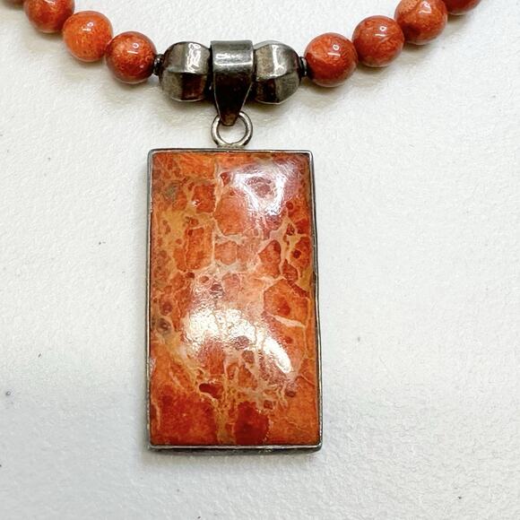 Red Coral Beaded Necklace with Coral Pendant SI 925 Sterling Silver Adjustable - Picture 3 of 7